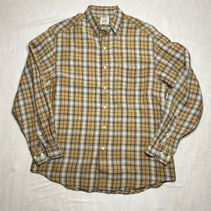 Vintage Gap Shirt Mens M Linen Blend Yellow Ivory Plaid Button Up 90s Y2K